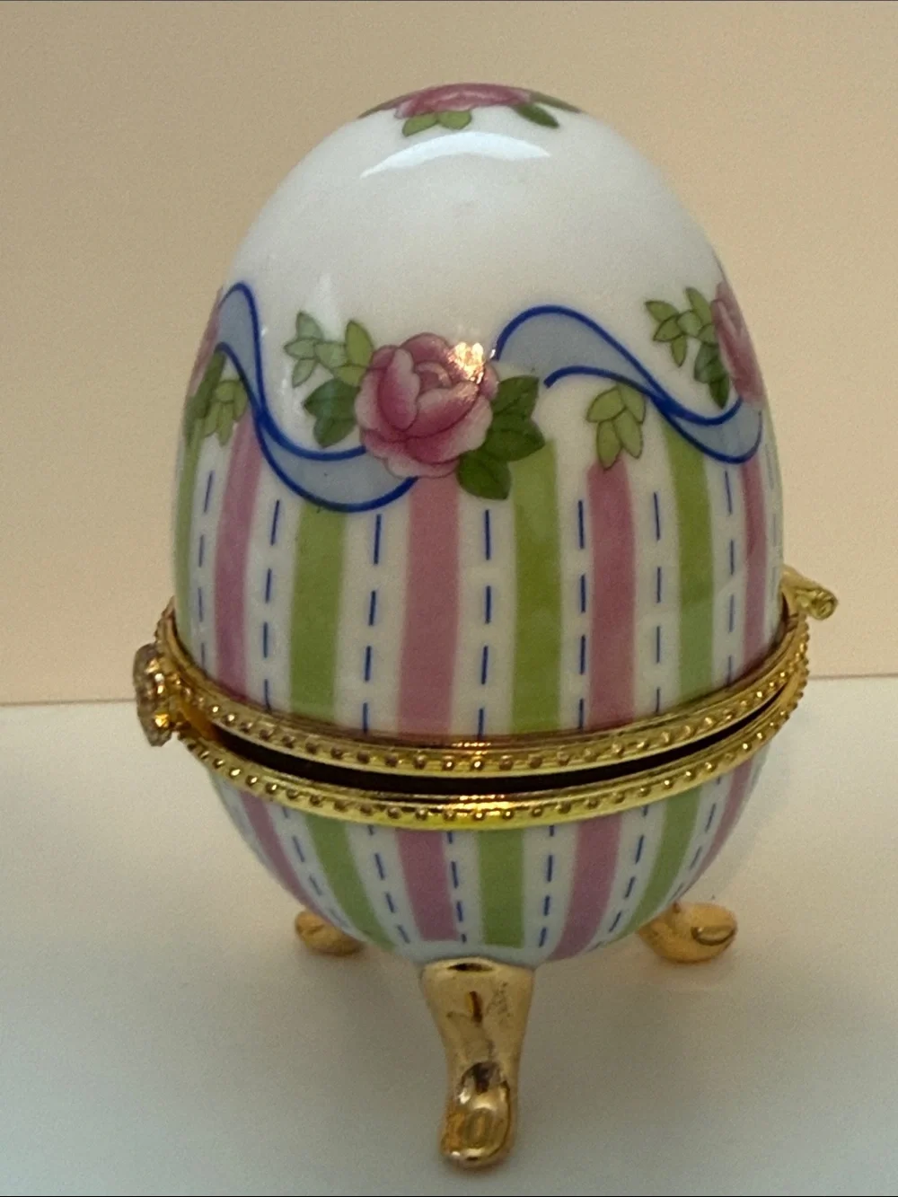 Genuine Porcelain hand painted romantic Victorian style egg shaped trinket box